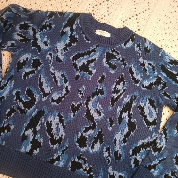 Derek‎ Lam 10 Crosby Blue Animal Print Sweater RTR Womens XL Luxury Office Prep